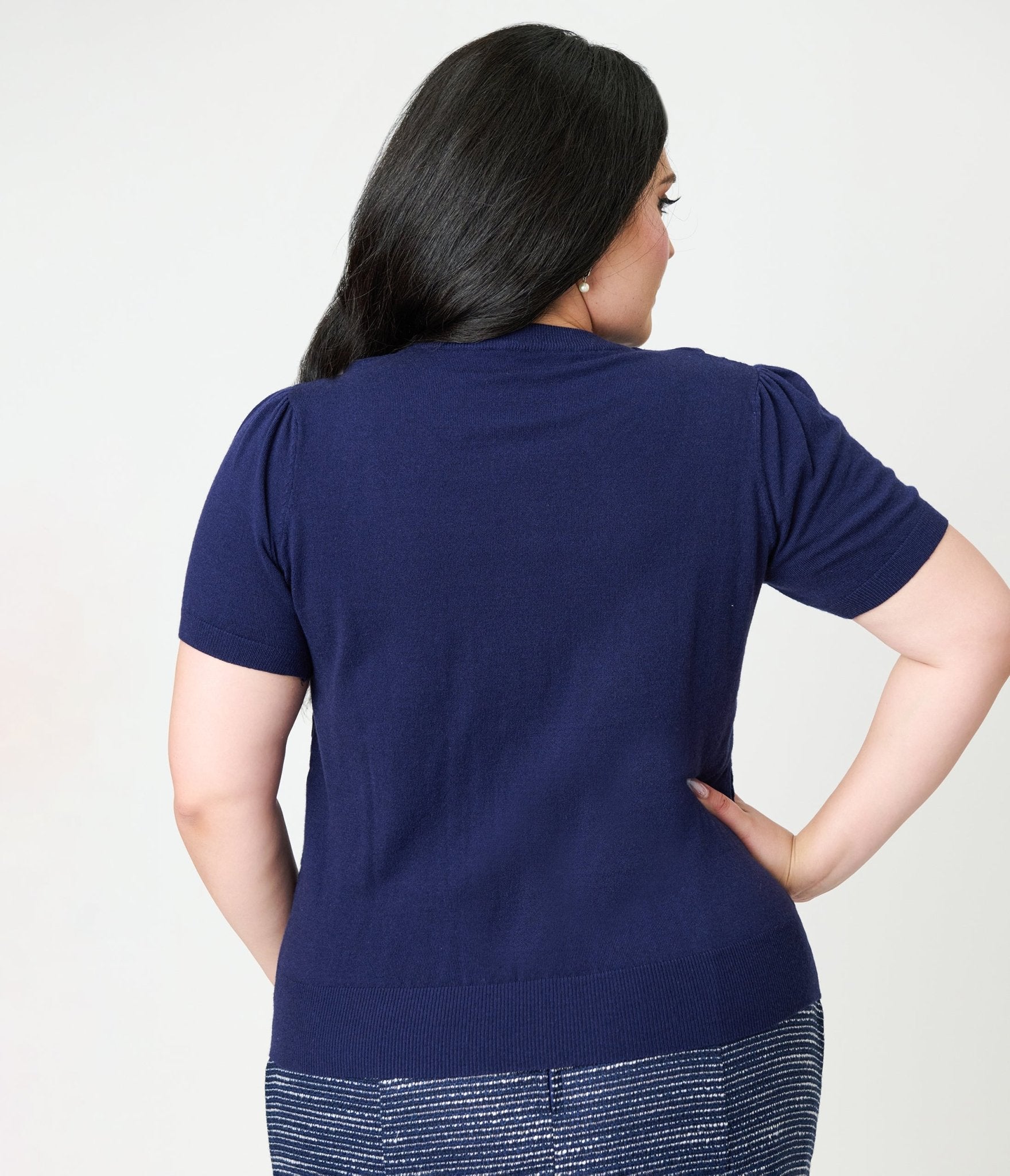 Unique Vintage Plus Size Navy & White Cable Knit Neck Tie Park City Sweater - Unique Vintage - Womens, TOPS, SWEATERS