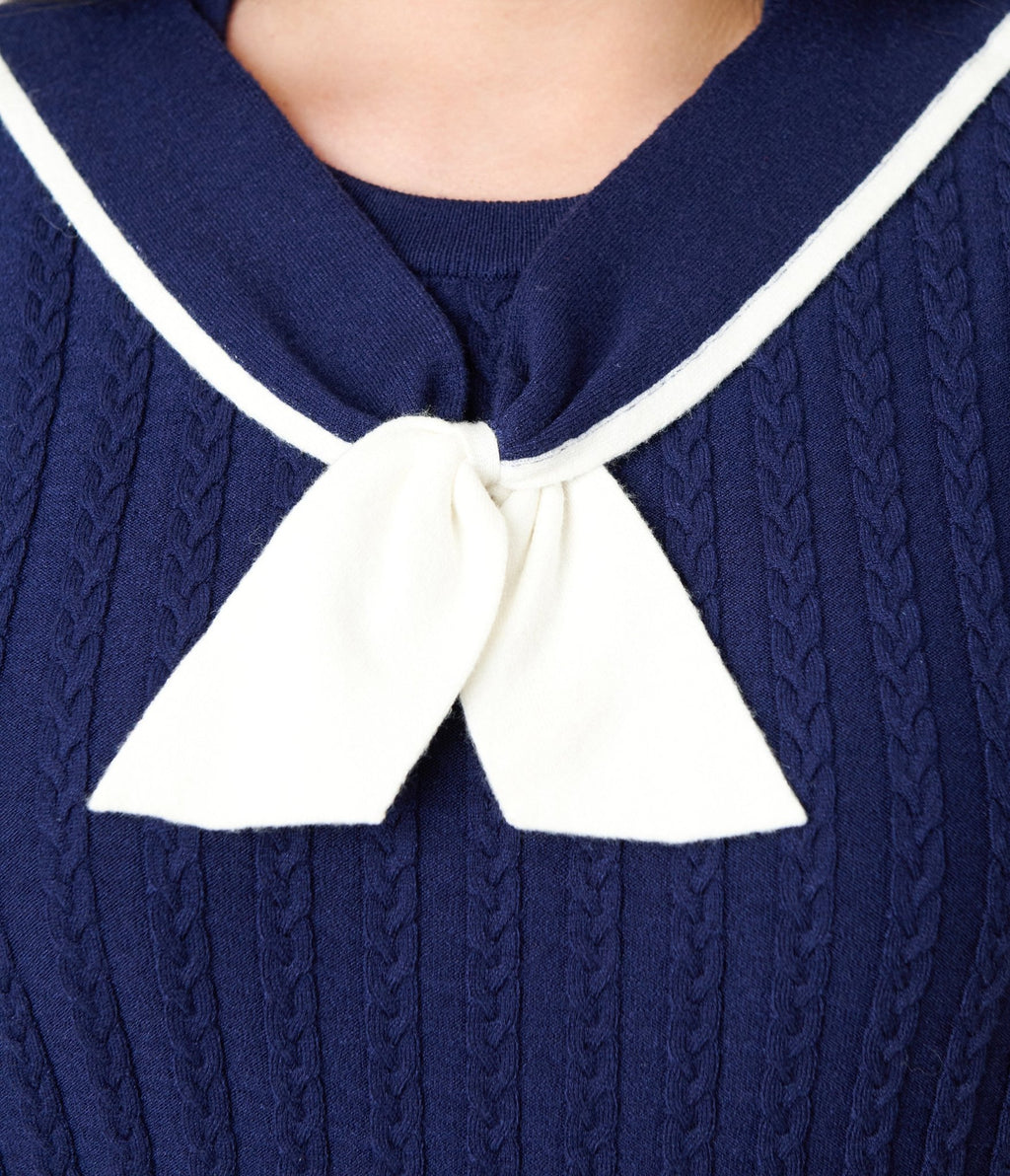 Unique Vintage Plus Size Navy & White Cable Knit Neck Tie Park City Sweater - Unique Vintage - Womens, TOPS, SWEATERS