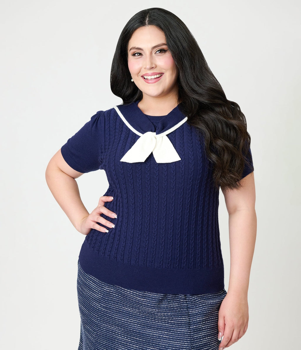Unique Vintage Plus Size Navy & White Cable Knit Neck Tie Park City Sweater - Unique Vintage - Womens, TOPS, SWEATERS