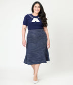 Unique Vintage Plus Size Navy & White Cable Knit Neck Tie Park City Sweater - Unique Vintage - Womens, TOPS, SWEATERS