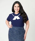 Unique Vintage Plus Size Navy & White Cable Knit Neck Tie Park City Sweater - Unique Vintage - Womens, TOPS, SWEATERS