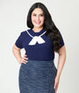 Unique Vintage Plus Size Navy & White Cable Knit Neck Tie Park City Sweater