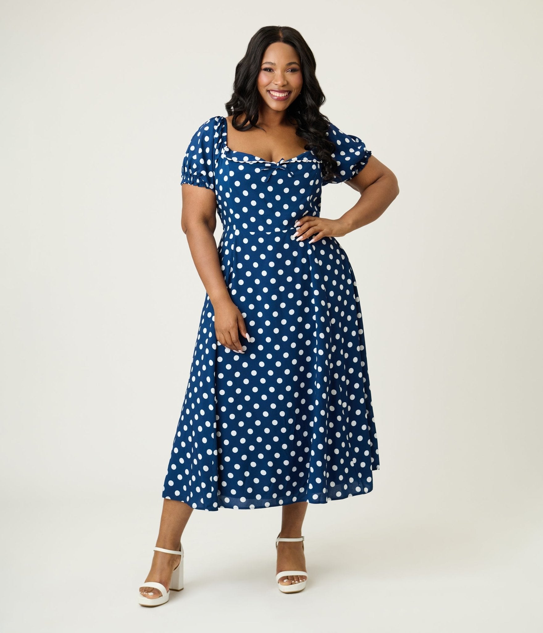 Unique Vintage Plus Size Navy White Dot Puff Sleeve Midi Dress
