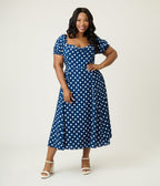 Unique Vintage Plus Size Navy & White Dot Puff Sleeve Midi Dress - Unique Vintage - Womens, DRESSES, MIDI