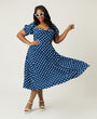 Unique Vintage Plus Size Navy & White Dot Puff Sleeve Midi Dress