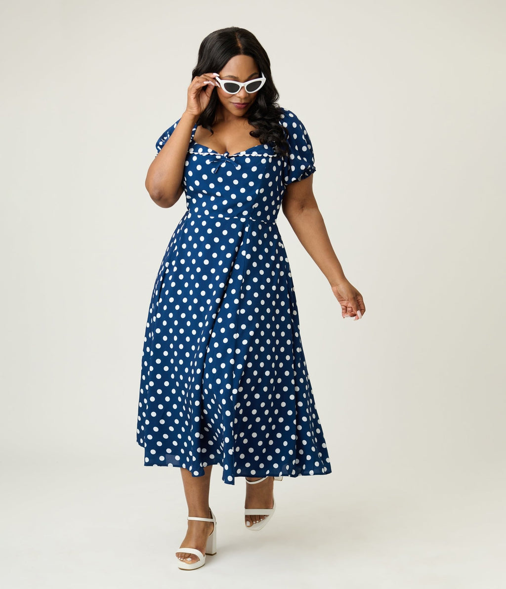 Unique Vintage Plus Size Navy & White Dot Puff Sleeve Midi Dress - Unique Vintage - Womens, DRESSES, MIDI
