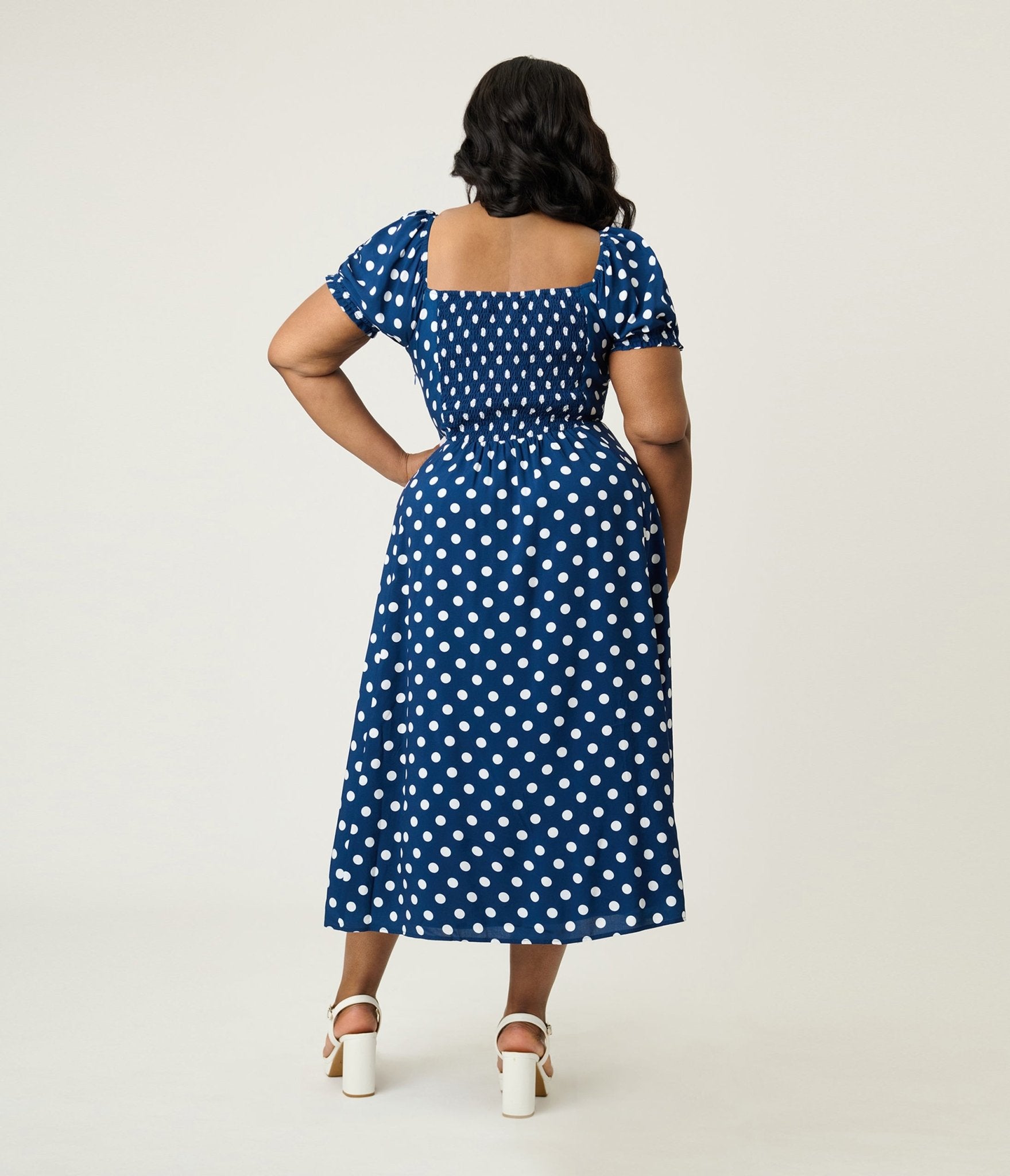 Unique Vintage Plus Size Navy & White Dot Puff Sleeve Midi Dress - Unique Vintage - Womens, DRESSES, MIDI
