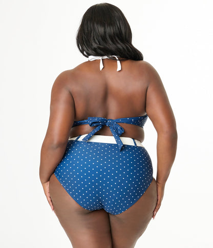 Unique Vintage Plus Size Navy & White Pin Dot Belted Swim Bottoms - Unique Vintage - Womens, SWIM, BOTTOM