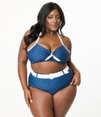 Unique Vintage Plus Size Navy & White Pin Dot Belted Swim Bottoms - Unique Vintage - Womens, SWIM, BOTTOM
