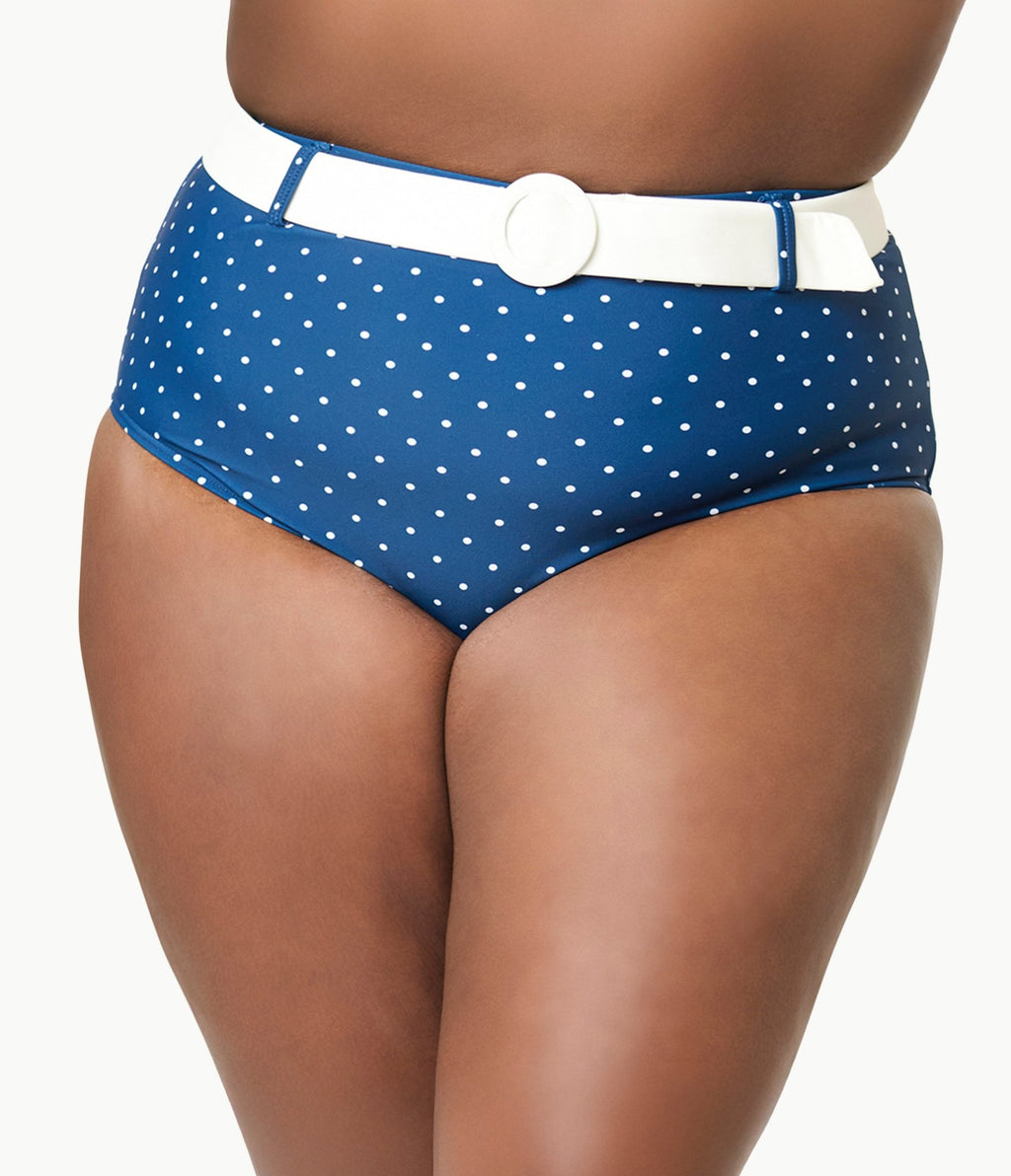 Unique Vintage Plus Size Navy & White Pin Dot Halter Swim Top - Unique Vintage - Womens, SWIM, TOP