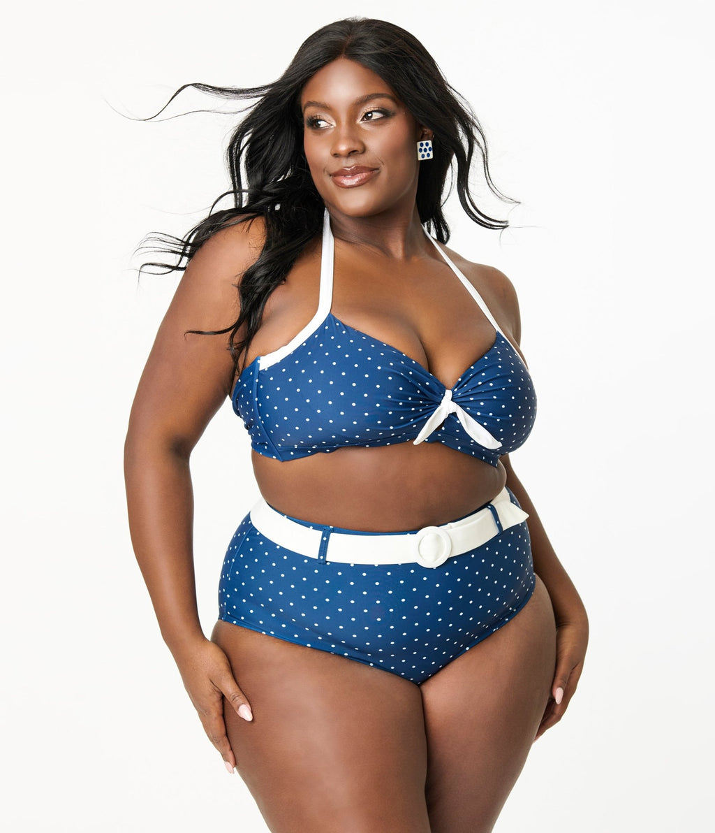 Unique Vintage Plus Size Navy & White Pin Dot Halter Swim Top - Unique Vintage - Womens, SWIM, TOP