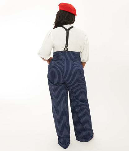 Unique Vintage Plus Size Navy & White Pinstripe Thelma Suspender Pants - Unique Vintage - Womens, BOTTOMS, PANTS