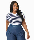 Unique Vintage Plus Size Navy & White Stripe Cotton Back To Basics Top - Unique Vintage - Womens, TOPS, KNIT TOPS