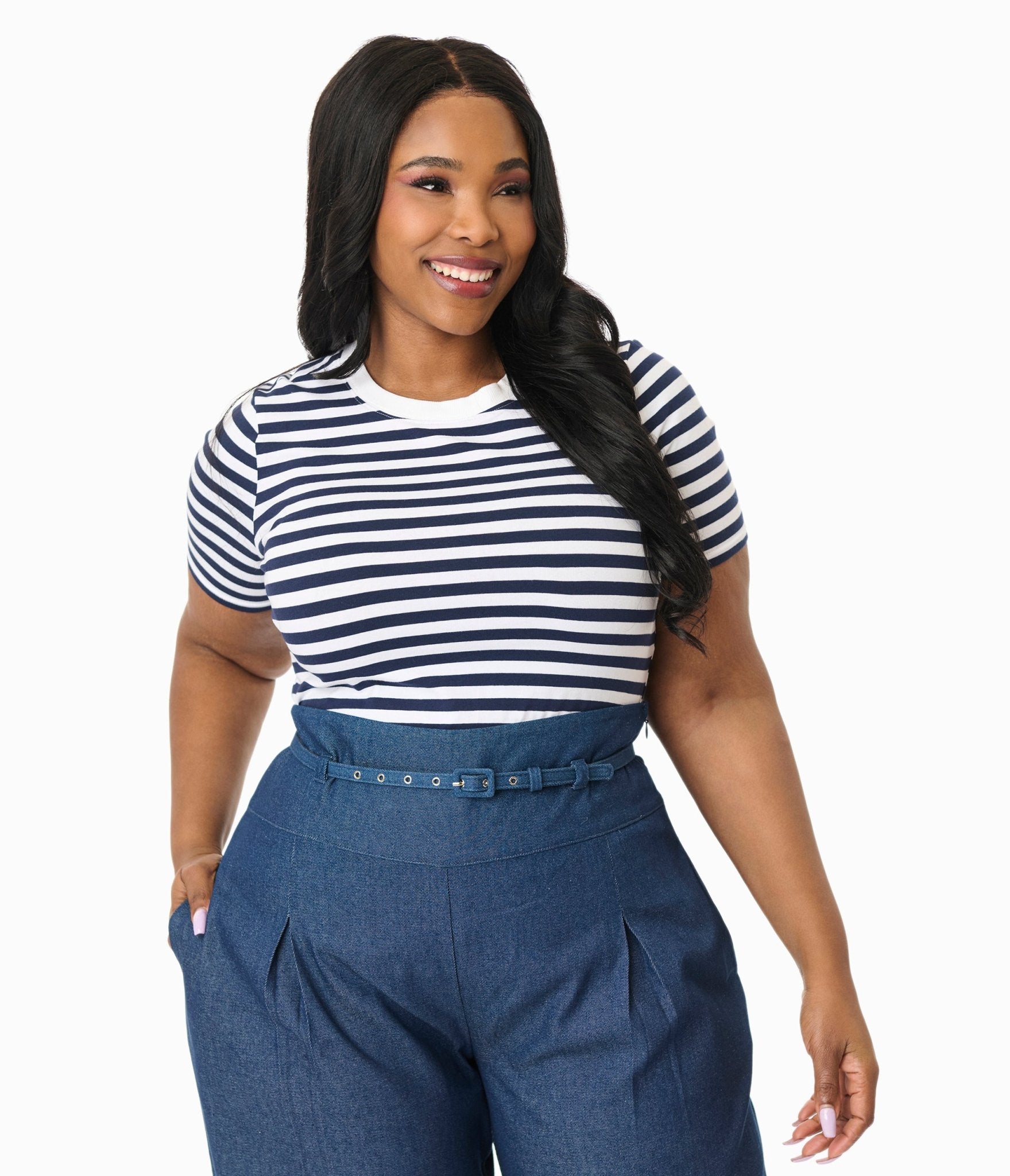 Unique Vintage Plus Size Navy & White Stripe Cotton Back To Basics Top - Unique Vintage - Womens, TOPS, KNIT TOPS