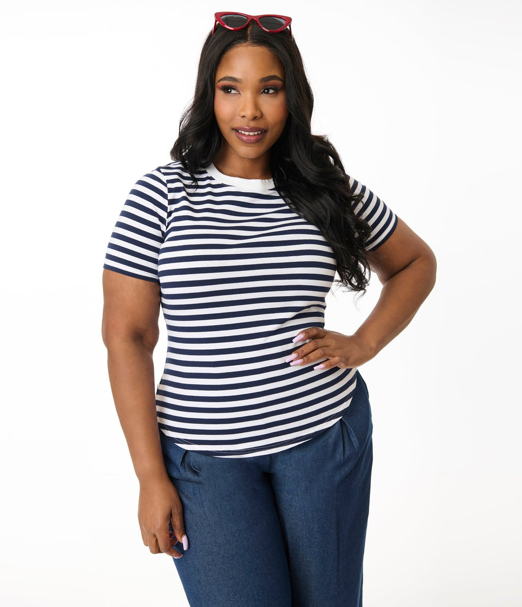 Unique Vintage Plus Size Navy & White Stripe Cotton Back To Basics Top - Unique Vintage - Womens, TOPS, KNIT TOPS
