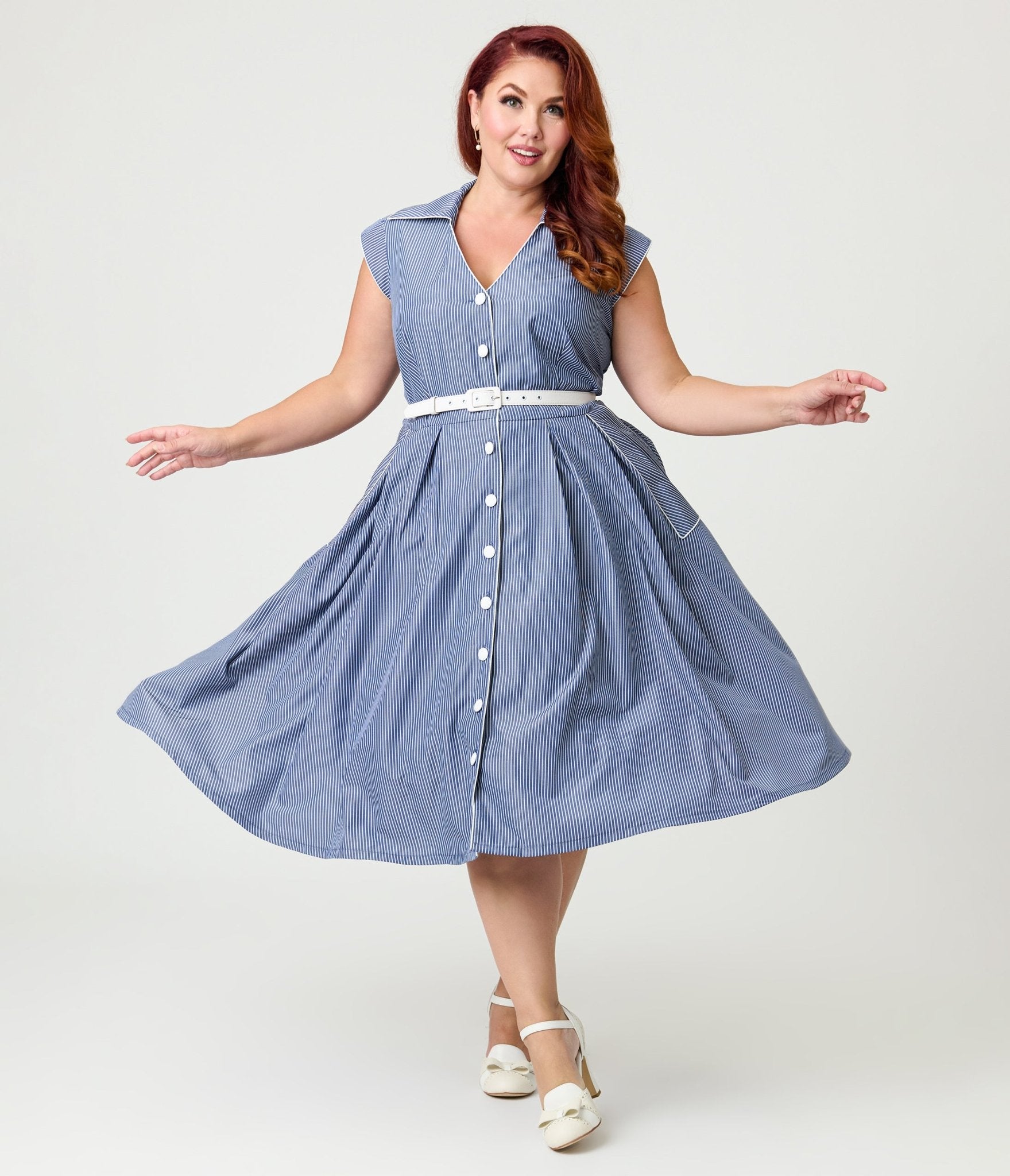 Unique Vintage Plus Size Navy & White Stripe Shirt Swing Dress - Unique Vintage - Womens, DRESSES, SWING