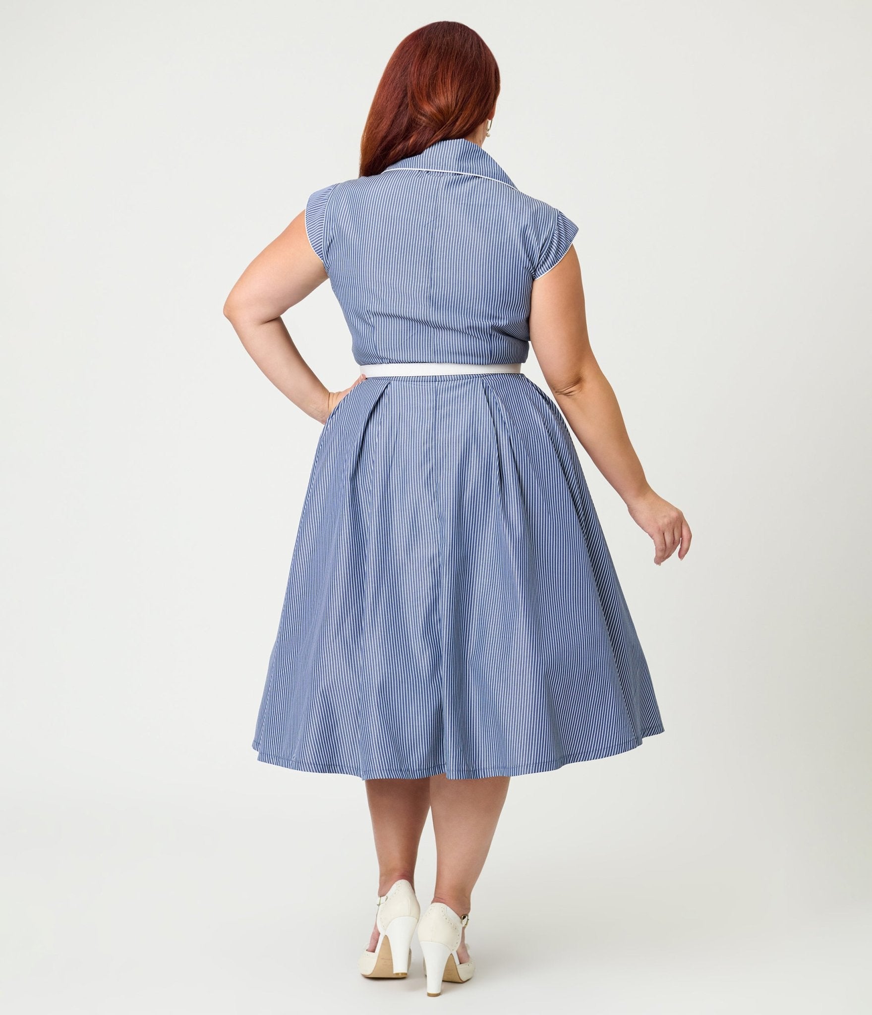 Unique Vintage Plus Size Navy & White Stripe Shirt Swing Dress