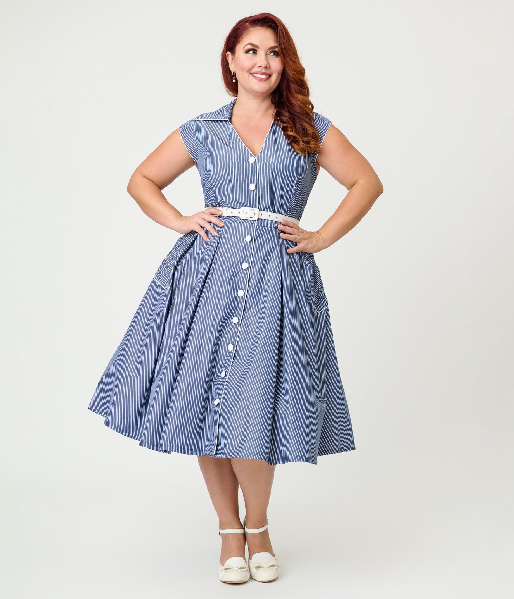 Unique Vintage Plus Size Navy & White Stripe Shirt Swing Dress