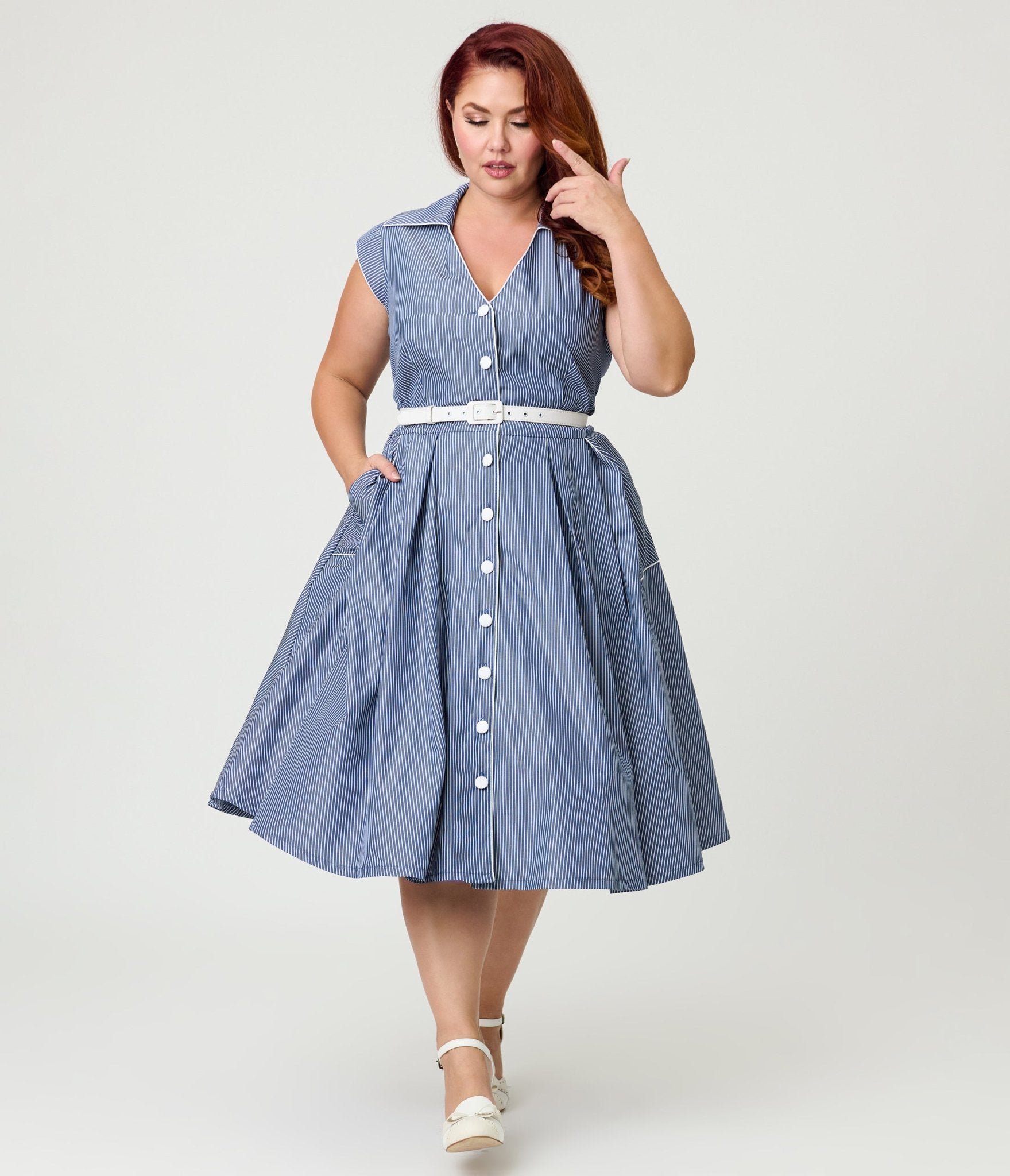 Unique Vintage Plus Size Navy & White Stripe Shirt Swing Dress Unique Vintage Plus Size Navy & White Stripe Shirt Swing Dress