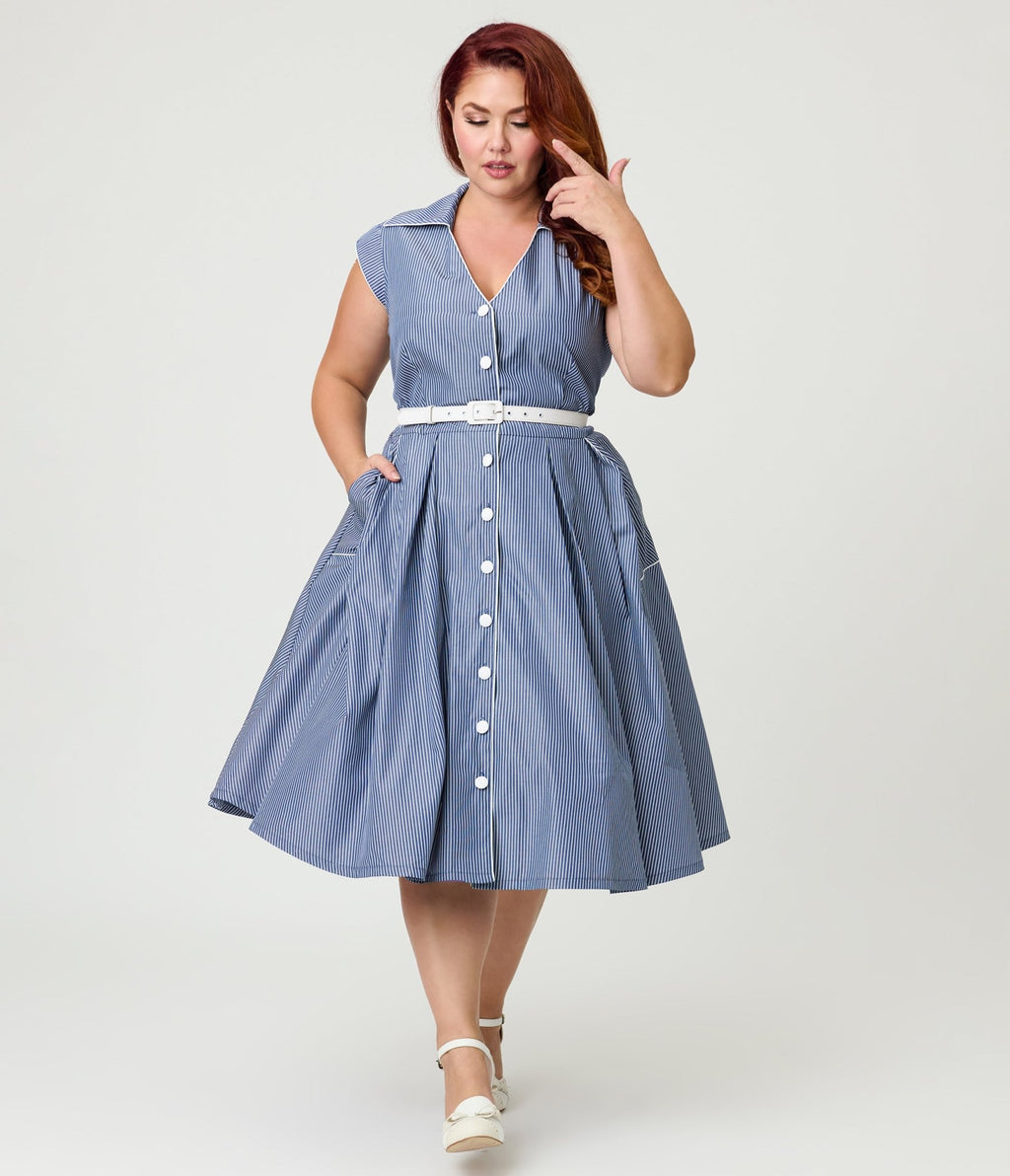 Unique Vintage Plus Size Navy & White Stripe Shirt Swing Dress - Unique Vintage - Womens, DRESSES, SWING