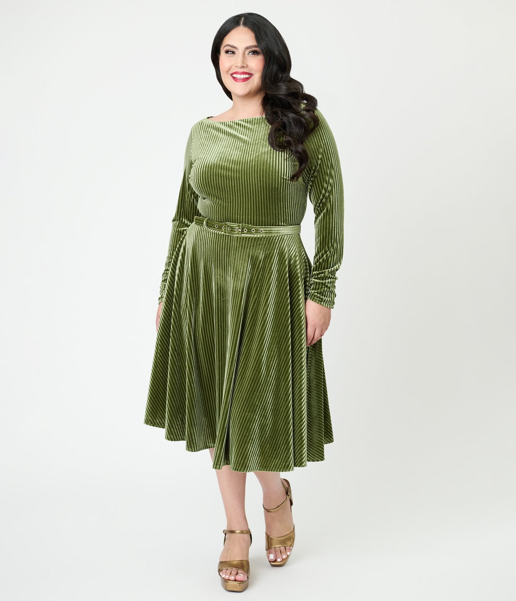 Unique Vintage Plus Size Olive Green Long Sleeve Devon Swing Dress - Unique Vintage - Womens, DRESSES, SWING