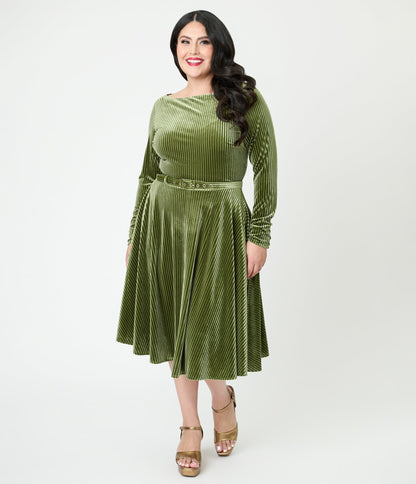 Unique Vintage Plus Size Olive Green Long Sleeve Devon Swing Dress - Unique Vintage - Womens, DRESSES, SWING