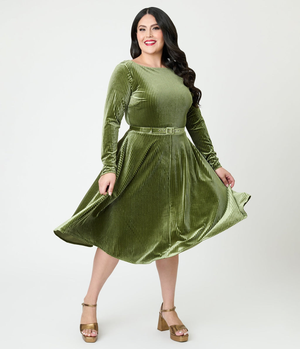 Unique Vintage Plus Size Olive Green Long Sleeve Devon Swing Dress
