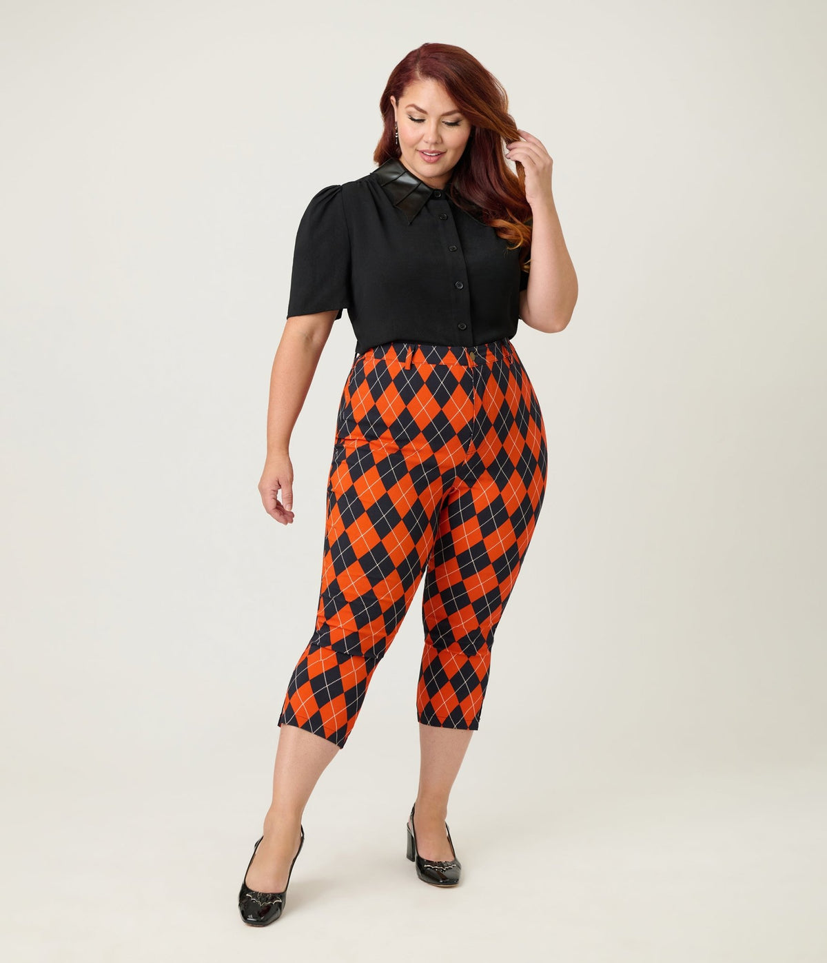 Unique Vintage Plus Size Orange Argyle Rachelle Capri Pants