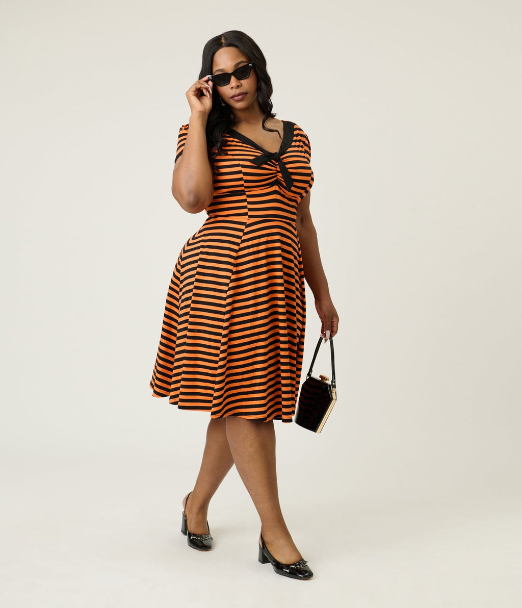Unique Vintage Plus Size Orange & Black Stripe Natalie Swing Dress - Unique Vintage - Womens, DRESSES, SWING