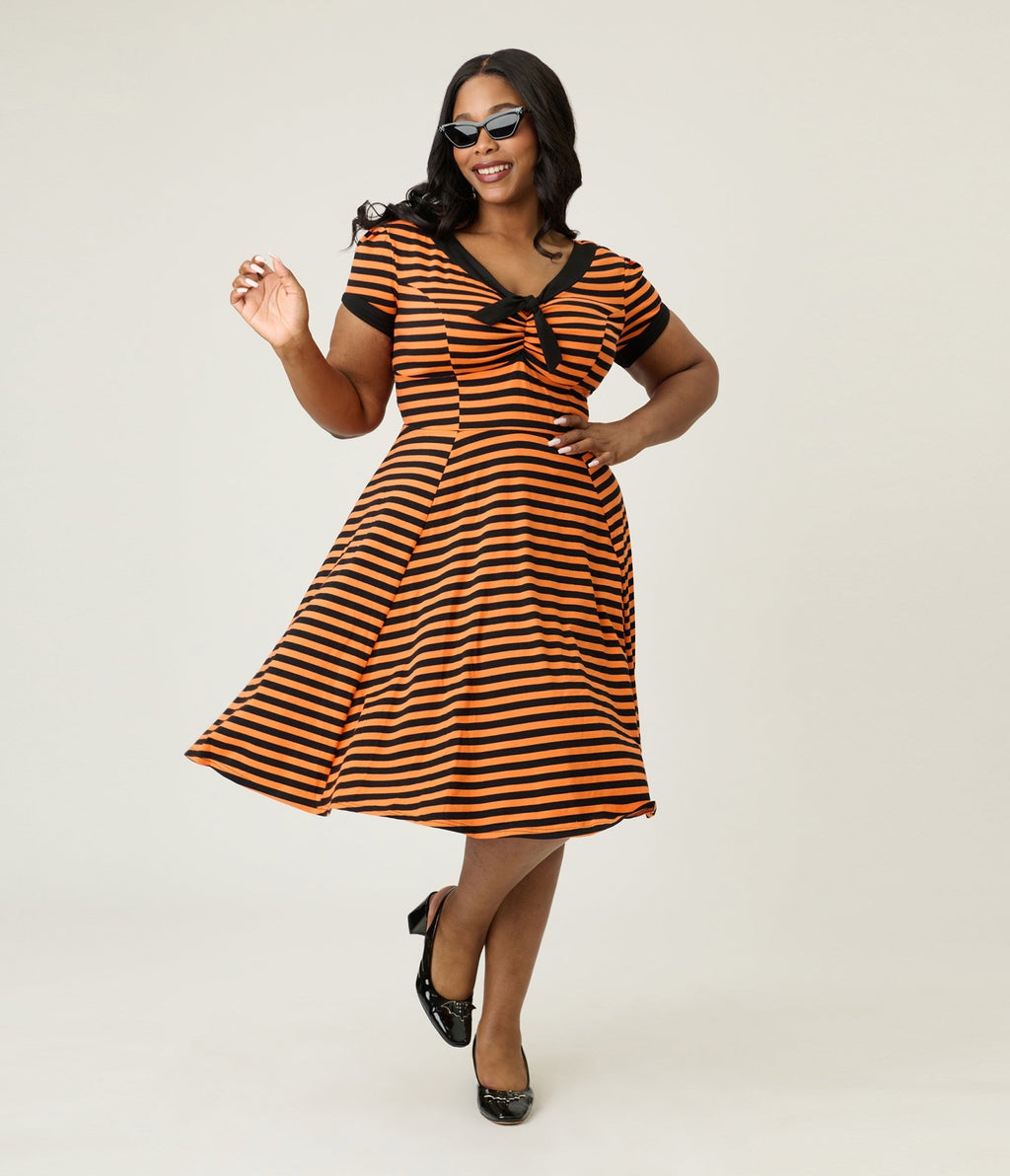 Unique Vintage Plus Size Orange & Black Stripe Natalie Swing Dress - Unique Vintage - Womens, DRESSES, SWING
