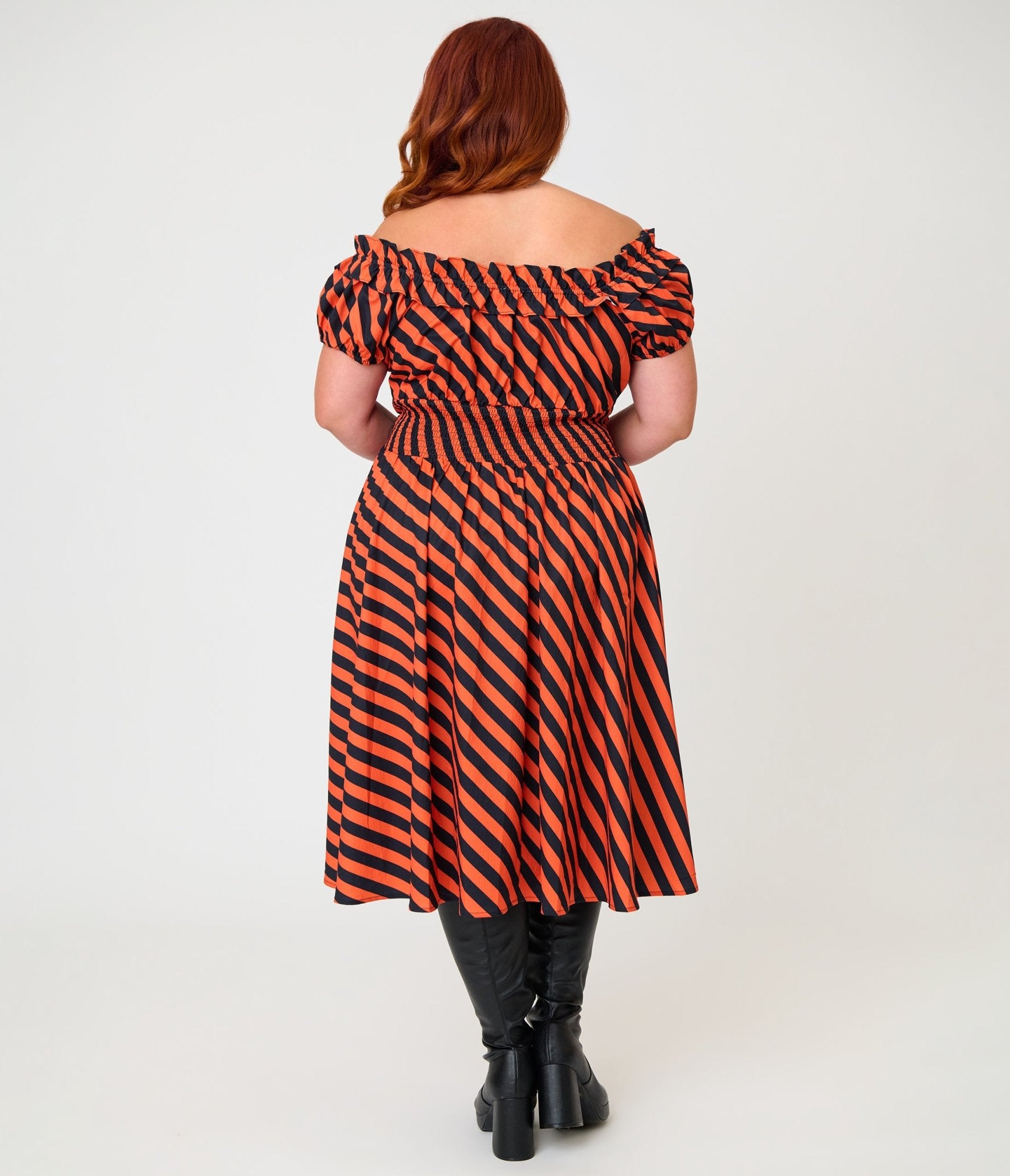 Unique Vintage Plus Size Orange & Black Stripe Off The Shoulder Ruffle Sandra Swing Dress