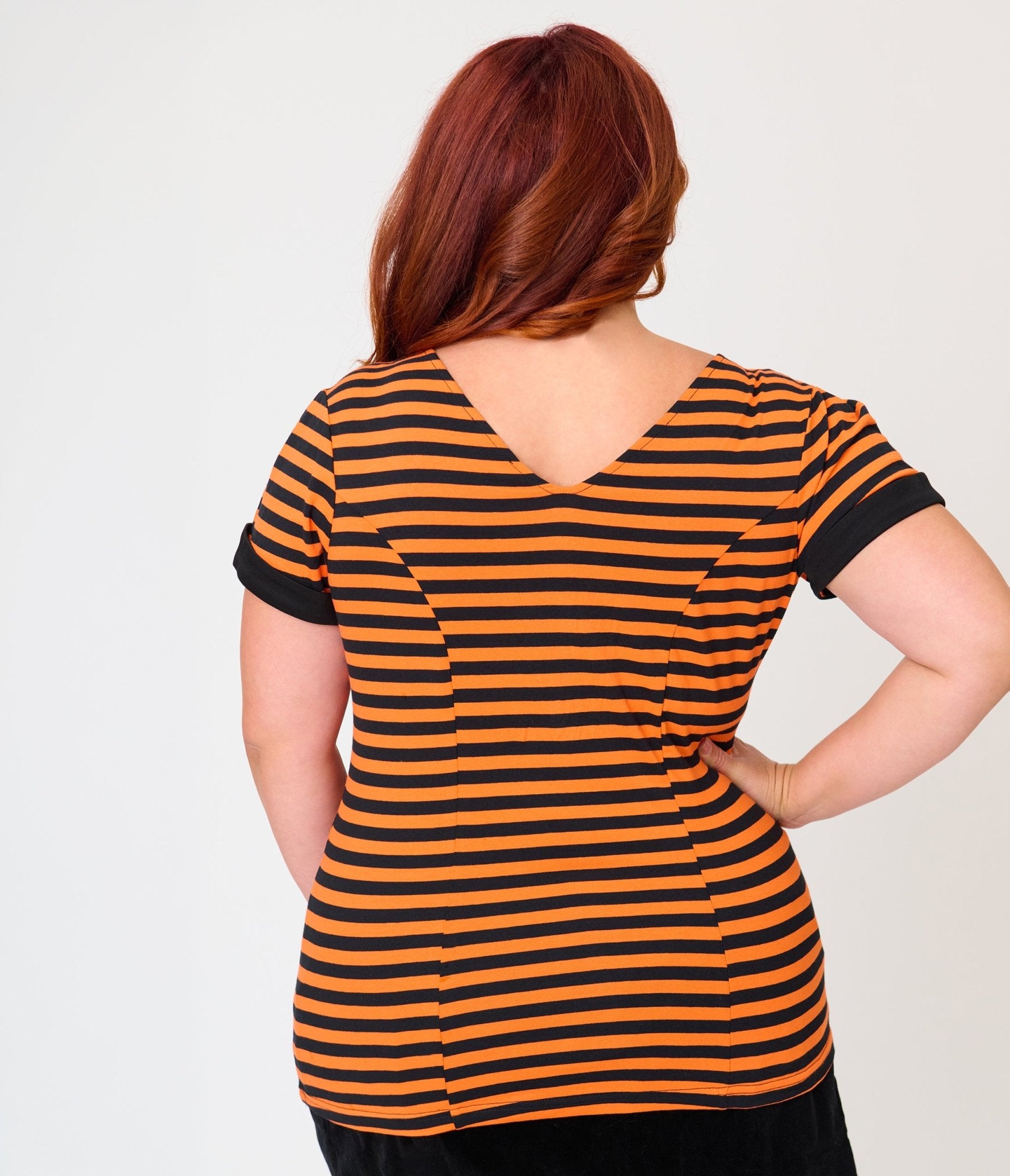 Unique Vintage Plus Size Orange & Black Stripe V-Neck Bow Top - Unique Vintage - Womens, TOPS, KNIT TOPS