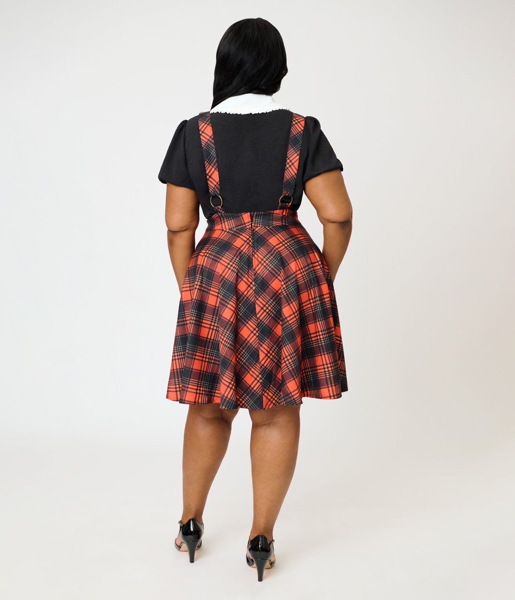Unique Vintage Plus Size Orange Plaid Brionne Pinafore Skirt
