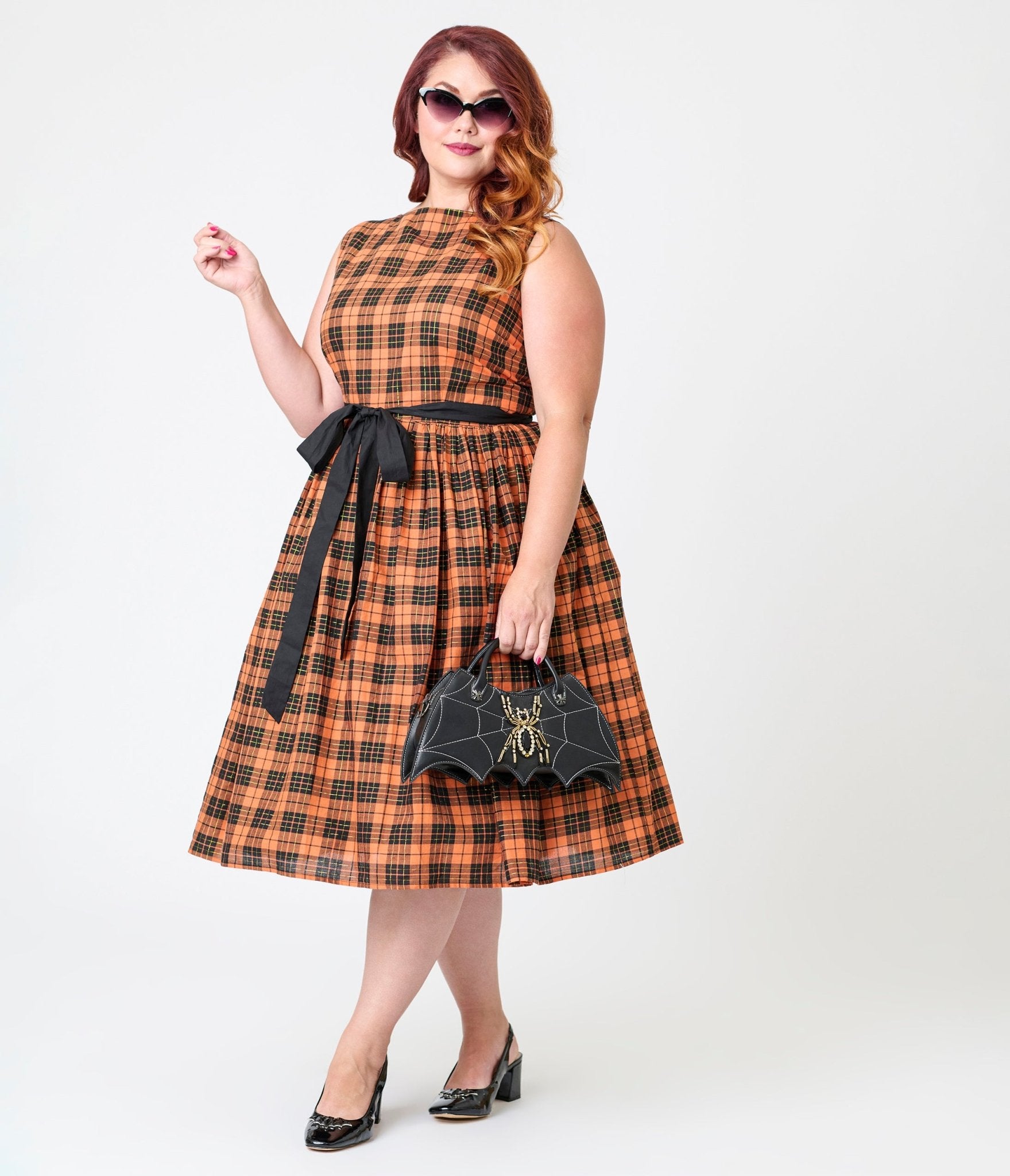 Unique Vintage Plus Size Orange Plaid Sleeveless Cotton Swing Dress - Unique Vintage - Womens, DRESSES, SWING