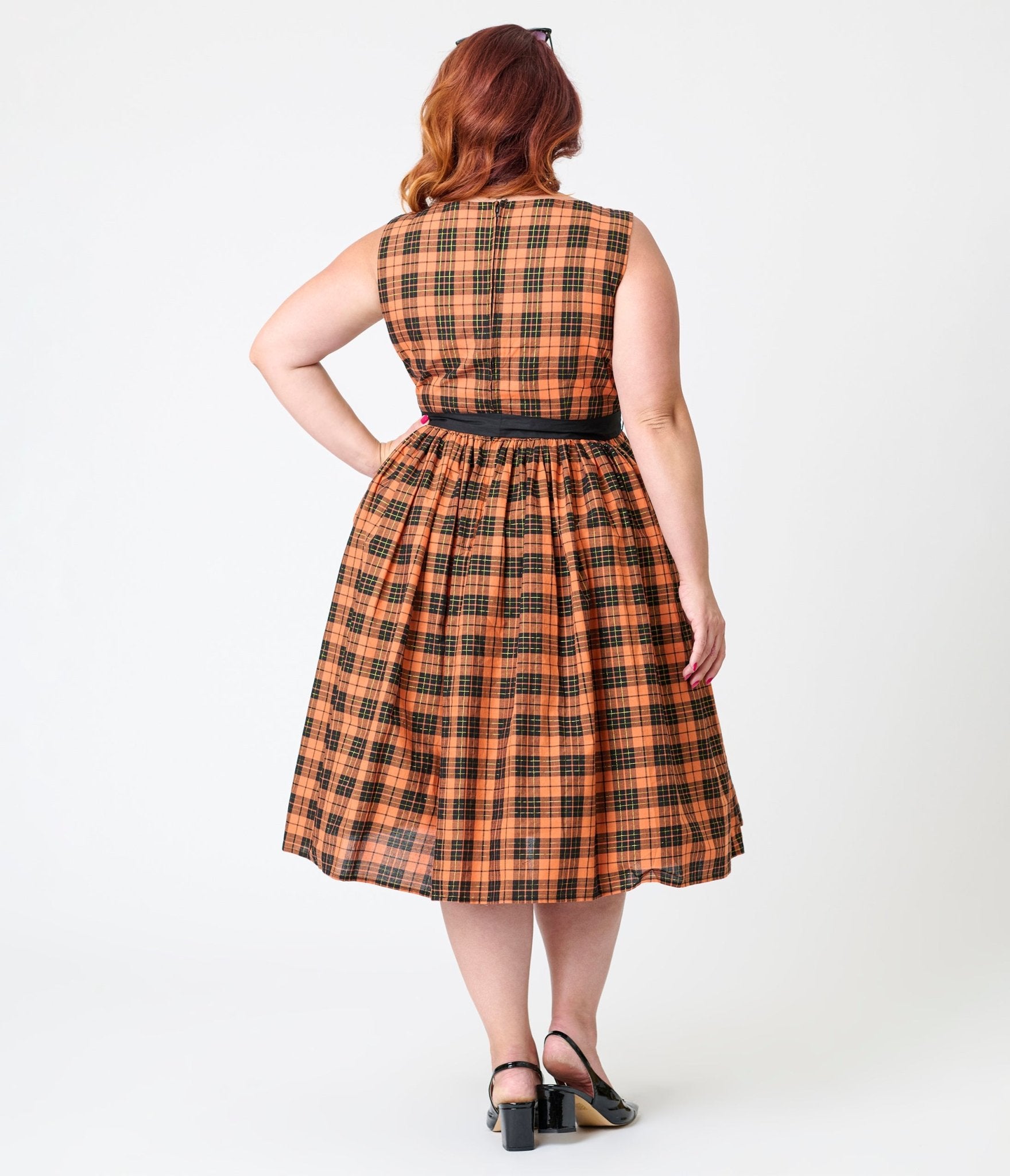 Unique Vintage Plus Size Orange Plaid Sleeveless Cotton Swing Dress Unique Vintage Plus Size Orange Plaid Sleeveless Cotton Swing Dress