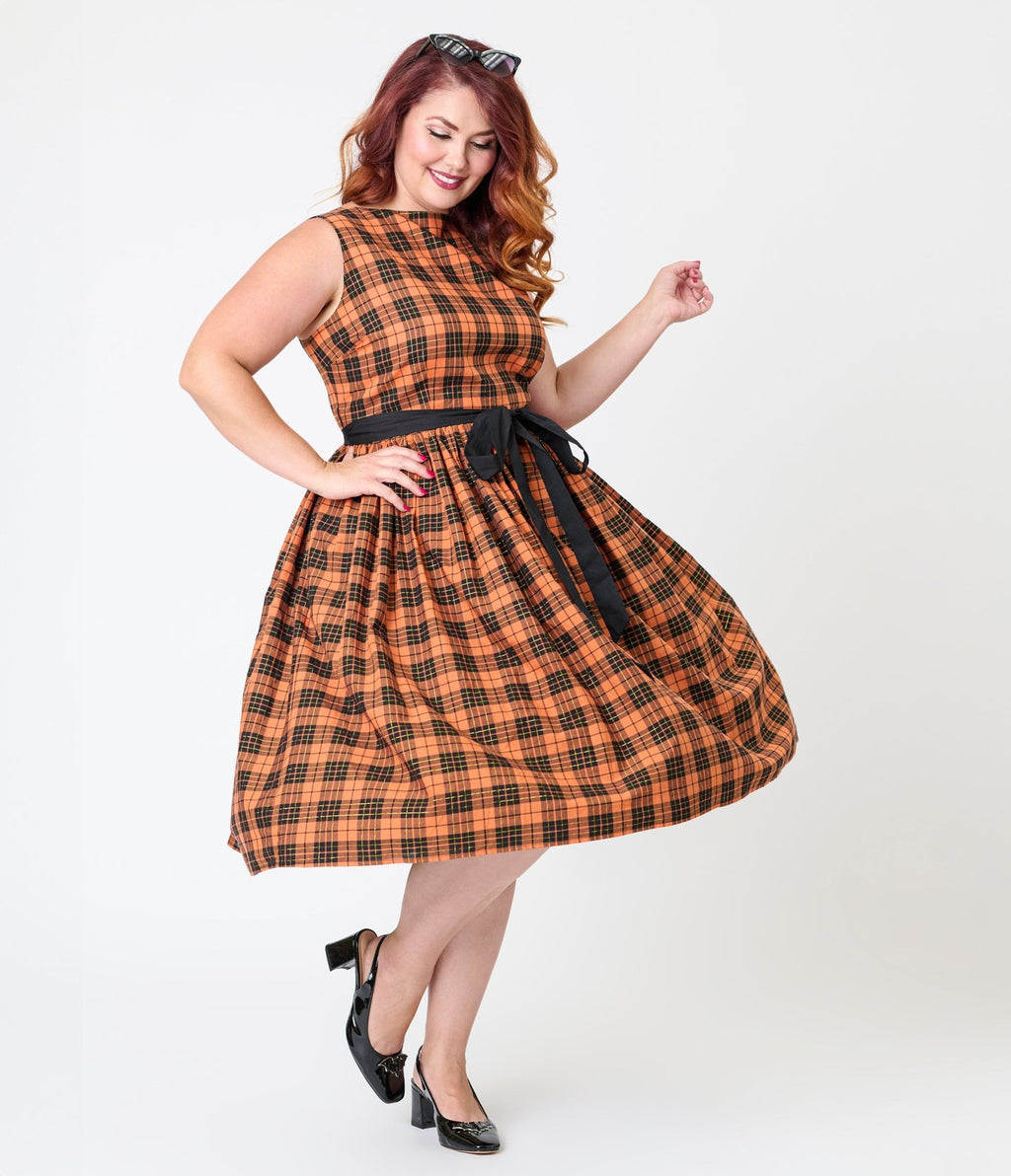 Unique Vintage Plus Size Orange Plaid Sleeveless Cotton Swing Dress - Unique Vintage - Womens, DRESSES, SWING