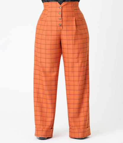 Unique Vintage Plus Size Orange Windowpane Buttoned Wide Leg Trousers - Unique Vintage - Womens, BOTTOMS, PANTS