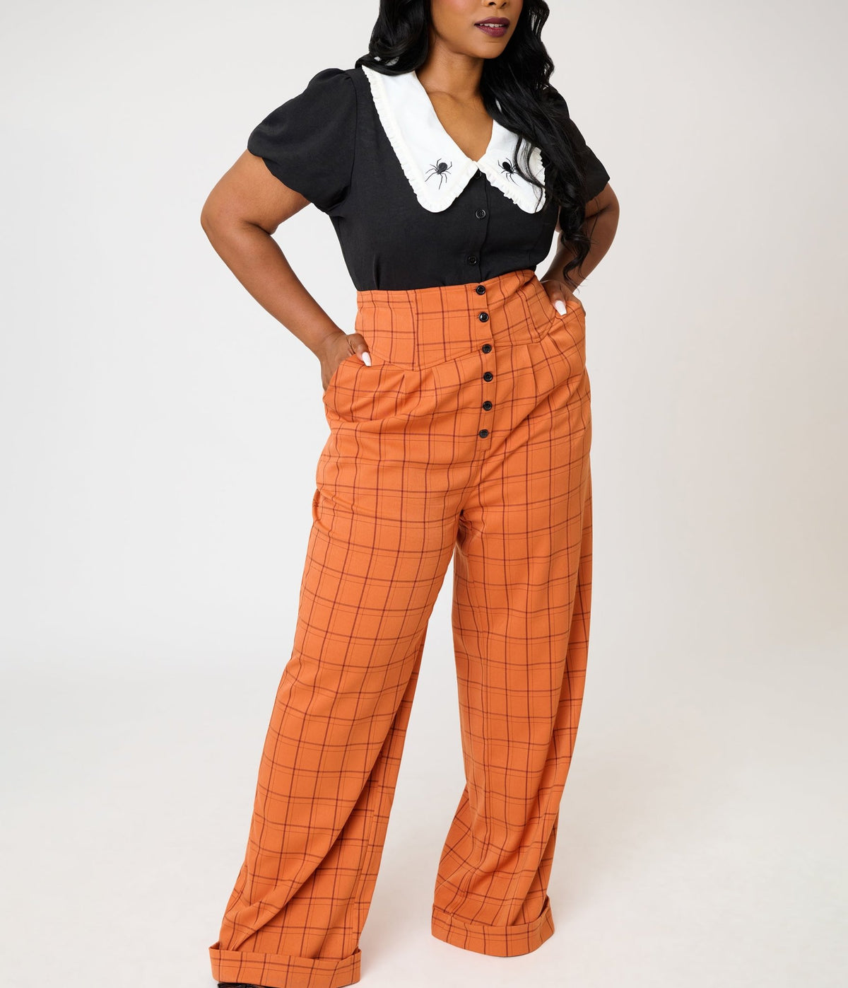 Unique Vintage Plus Size Orange Windowpane Plaid High Waisted Trouser - Unique Vintage - Womens, BOTTOMS, PANTS