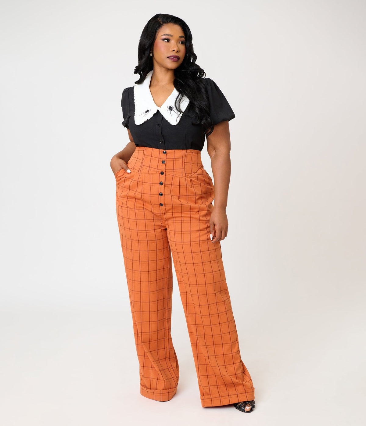 Unique Vintage Plus Size Orange Windowpane Plaid High Waisted Trouser - Unique Vintage - Womens, BOTTOMS, PANTS