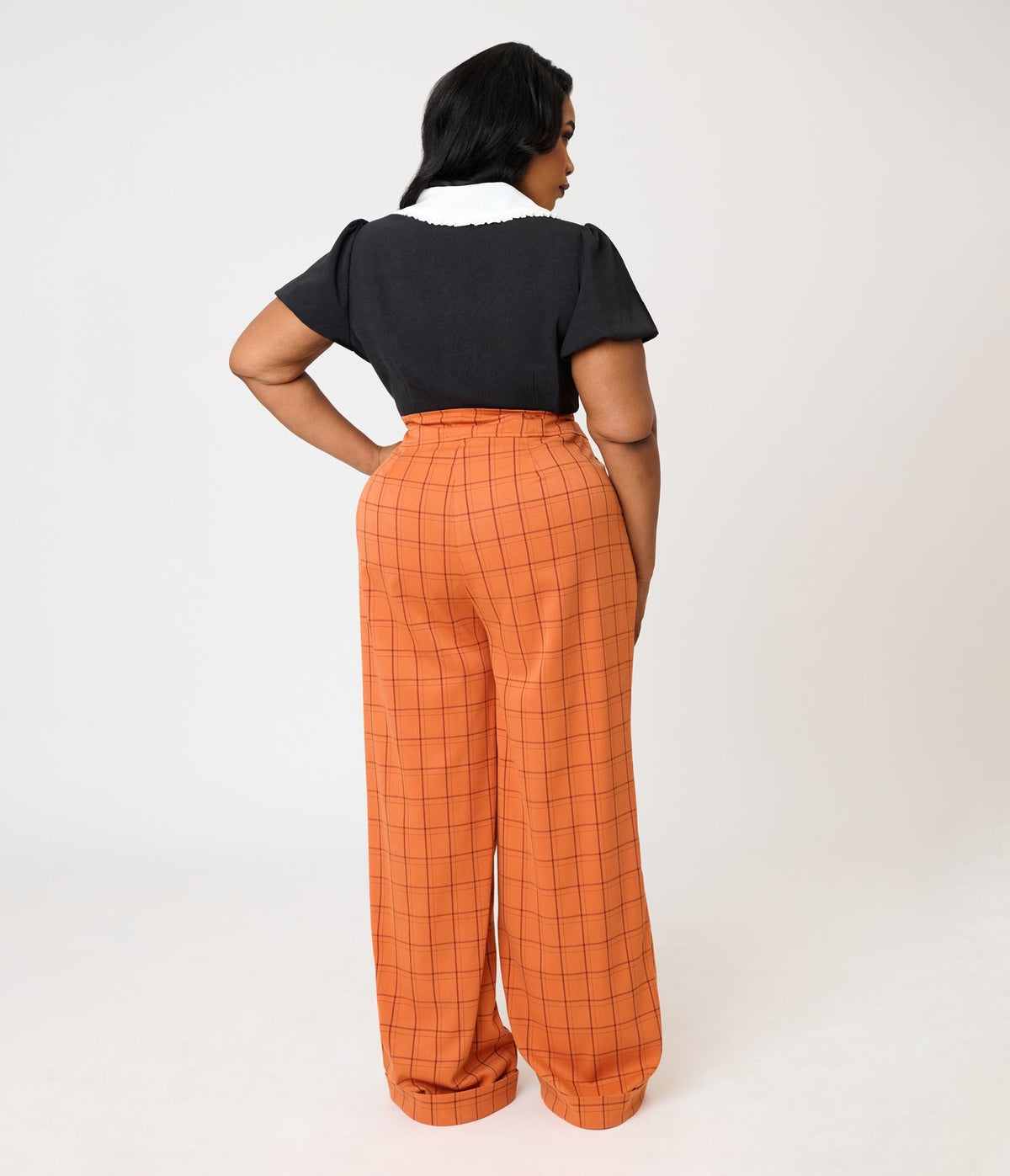 Unique Vintage Plus Size Orange Windowpane Plaid High Waisted Trouser - Unique Vintage - Womens, BOTTOMS, PANTS