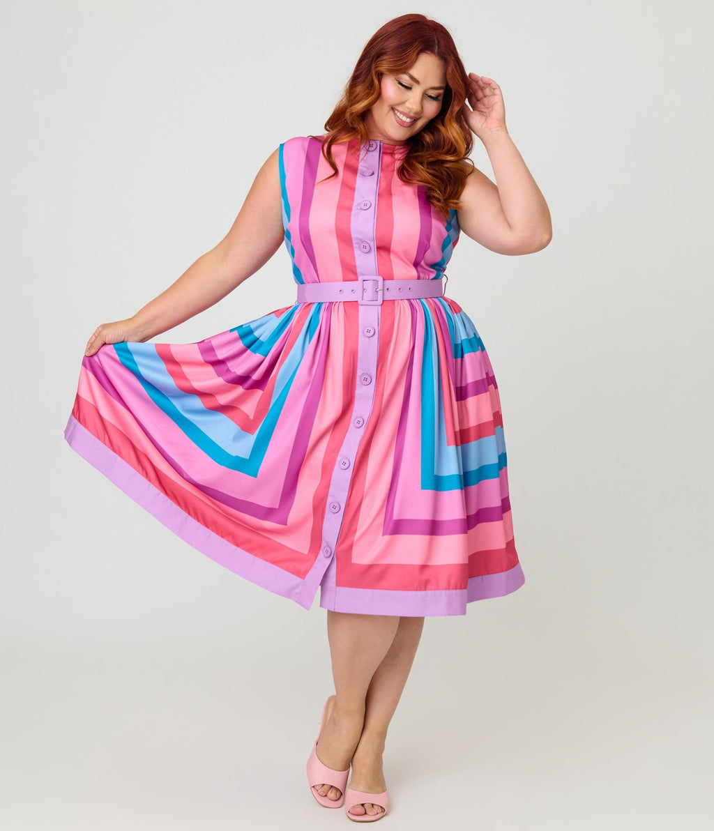 Unique Vintage Plus Size Pastel Purple & Blue Stripe Sleeveless Button Swing Dress - Unique Vintage - Womens, DRESSES, SWING