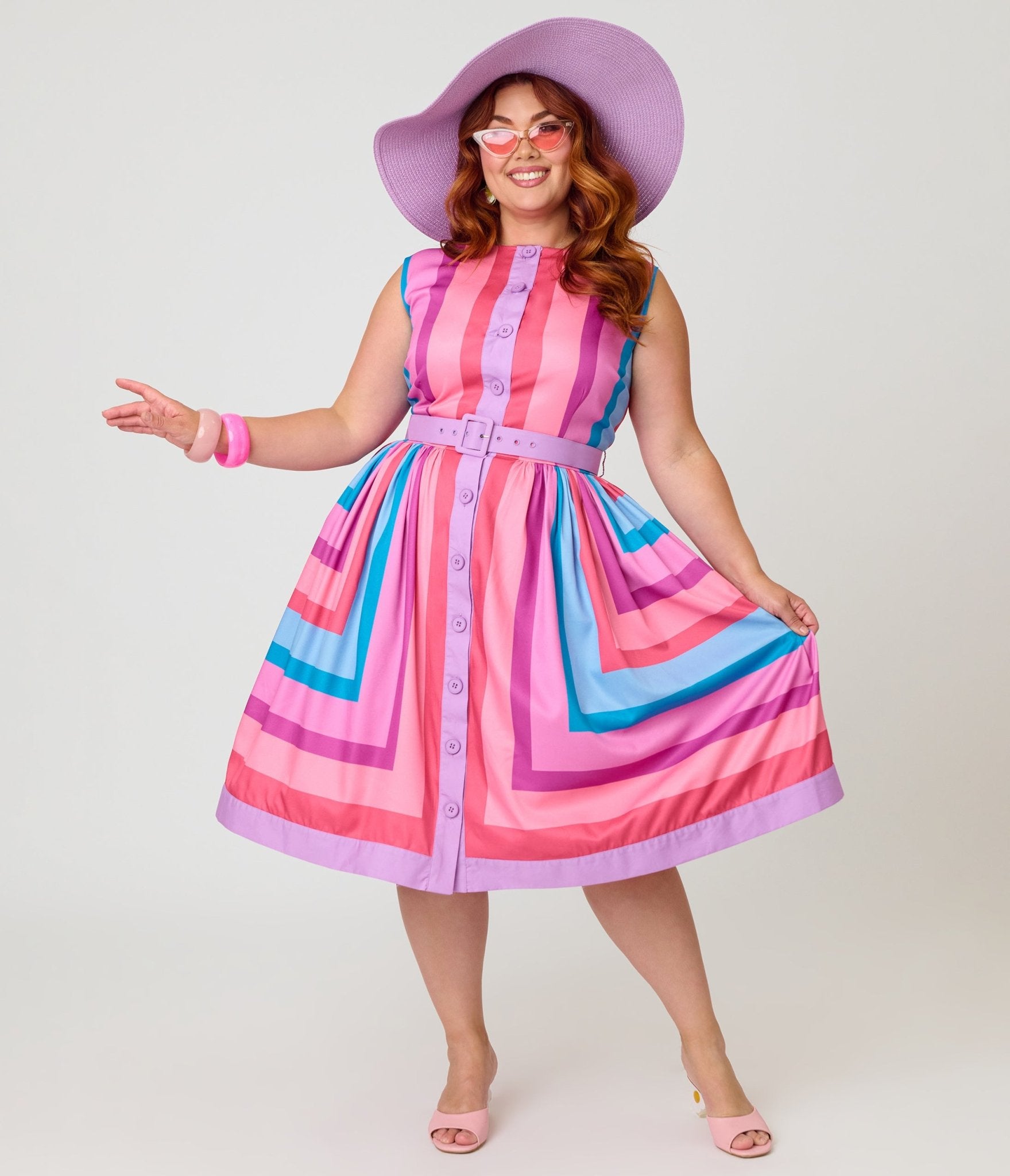 Unique Vintage Plus Size Pastel Purple & Blue Stripe Sleeveless Button Swing Dress - Unique Vintage - Womens, DRESSES, SWING
