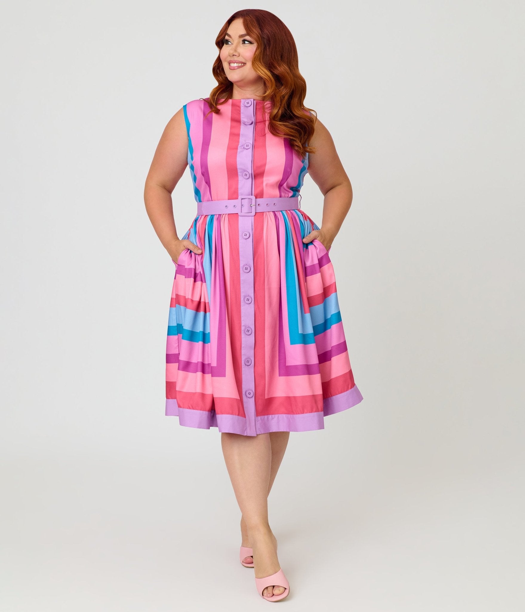 Unique Vintage Plus Size Pastel Purple & Blue Stripe Sleeveless Button Swing Dress