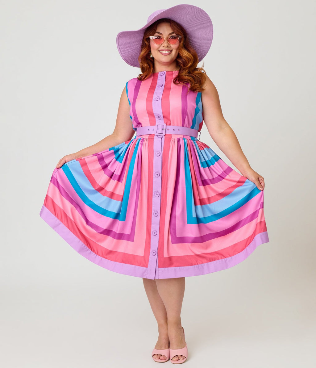Unique Vintage Plus Size Pastel Purple & Blue Stripe Sleeveless Button Swing Dress - Unique Vintage - Womens, DRESSES, SWING