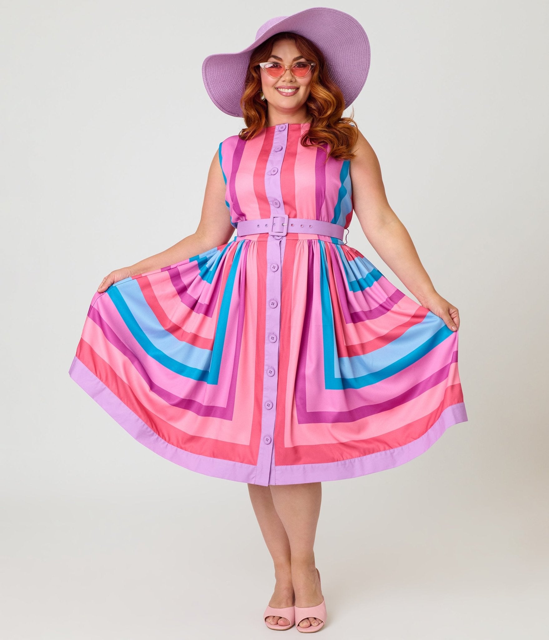 Unique Vintage Plus Size Pastel Purple & Blue Stripe Sleeveless Button Swing Dress - Unique Vintage - Womens, DRESSES, SWING