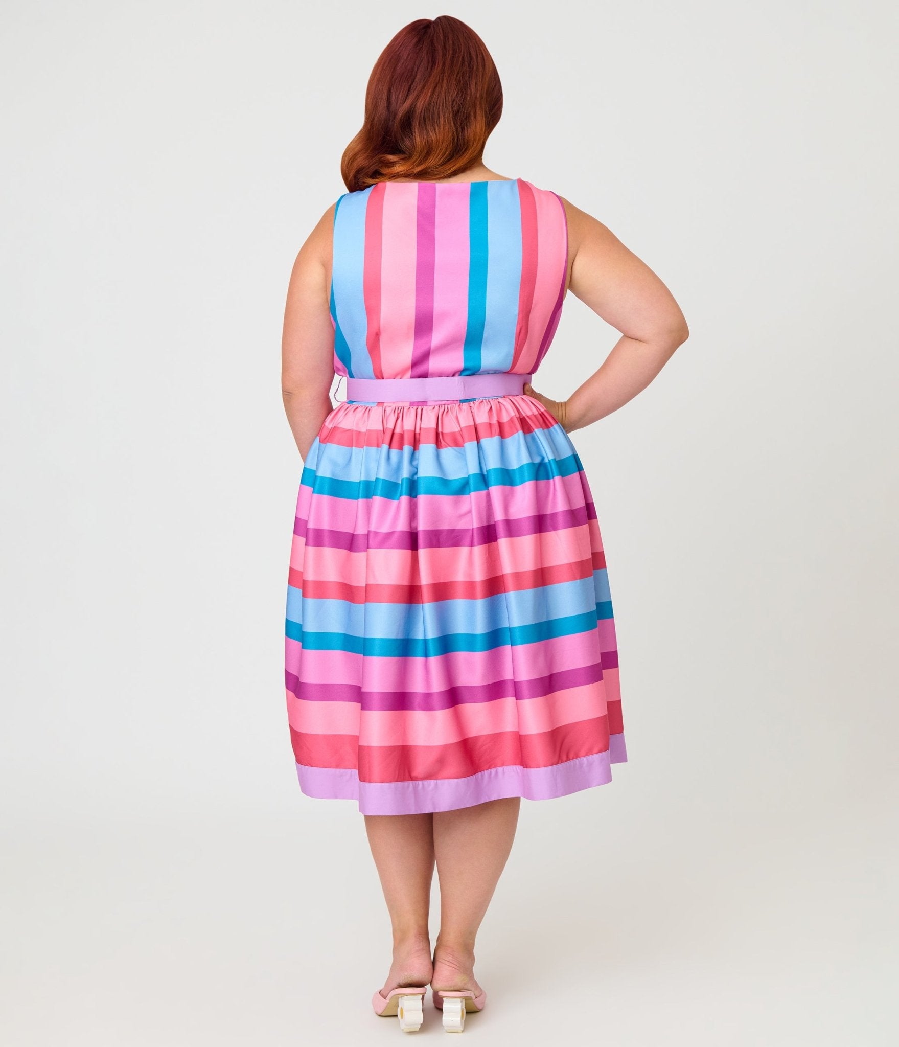 Unique Vintage Plus Size Pastel Purple & Blue Stripe Sleeveless Button Swing Dress - Unique Vintage - Womens, DRESSES, SWING