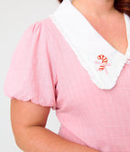 Unique Vintage Plus Size Pink Candy Cane Embroidered Oversized Collar Blouse - Unique Vintage -