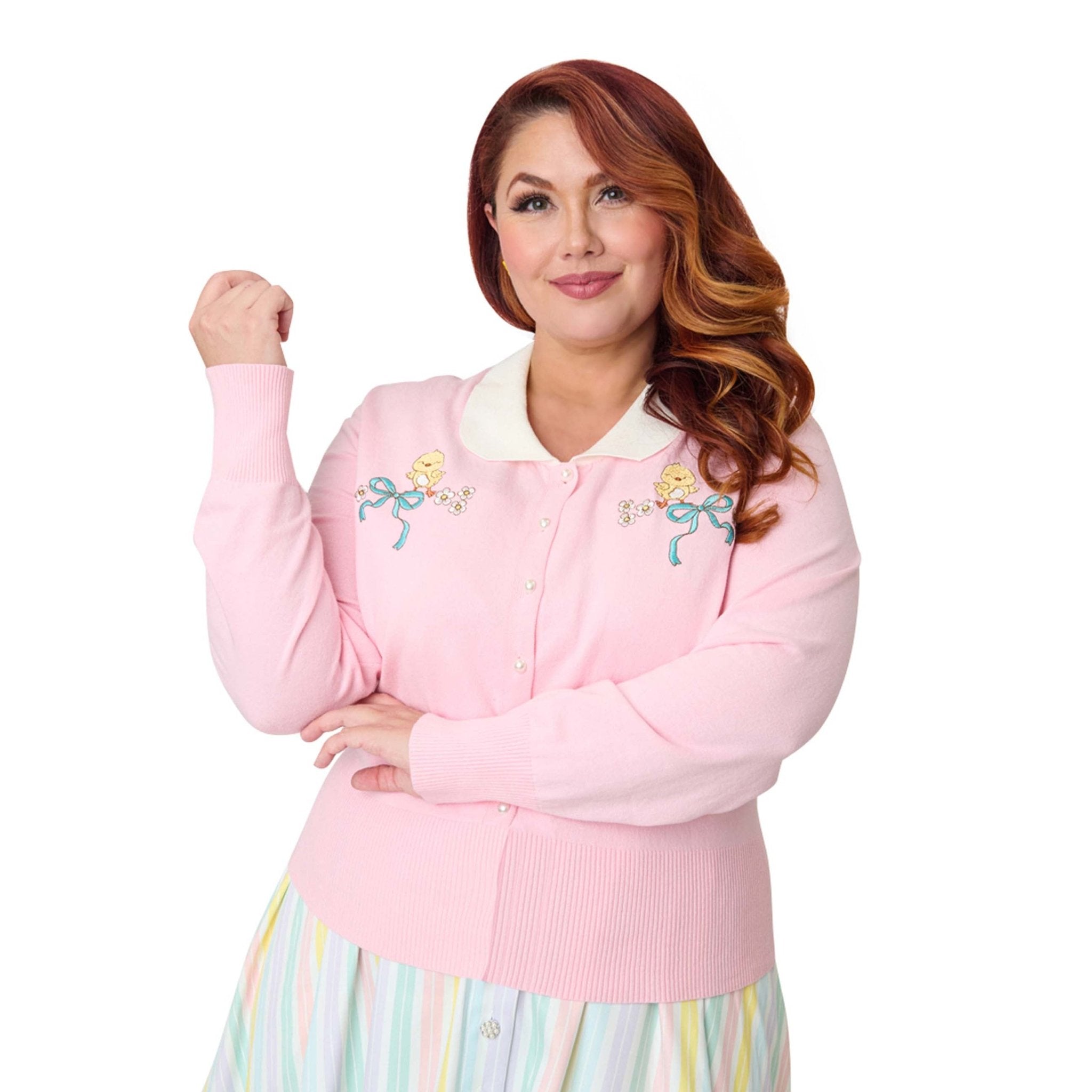 Unique Vintage Plus Size Pink Chick Embroidered Cardigan - Unique Vintage - Womens, TOPS, SWEATERS