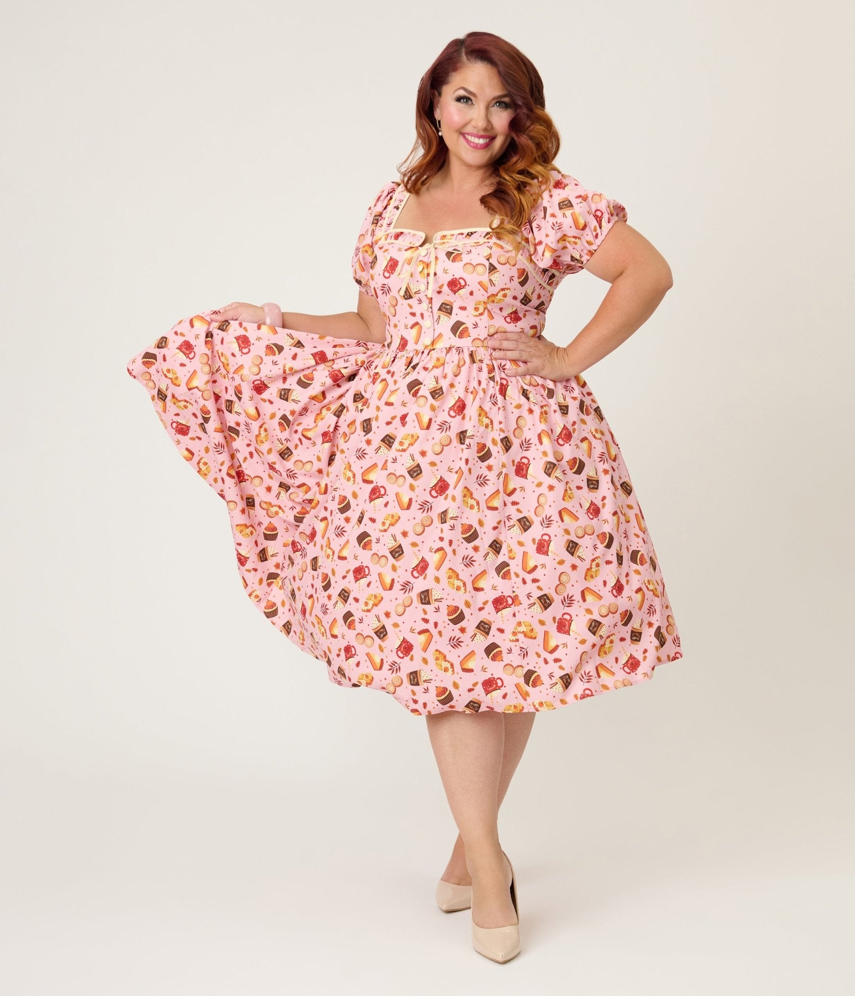green emerald velvet dress Unique Vintage Plus Size Pink Fall Treats Print Button Front Swing Dre