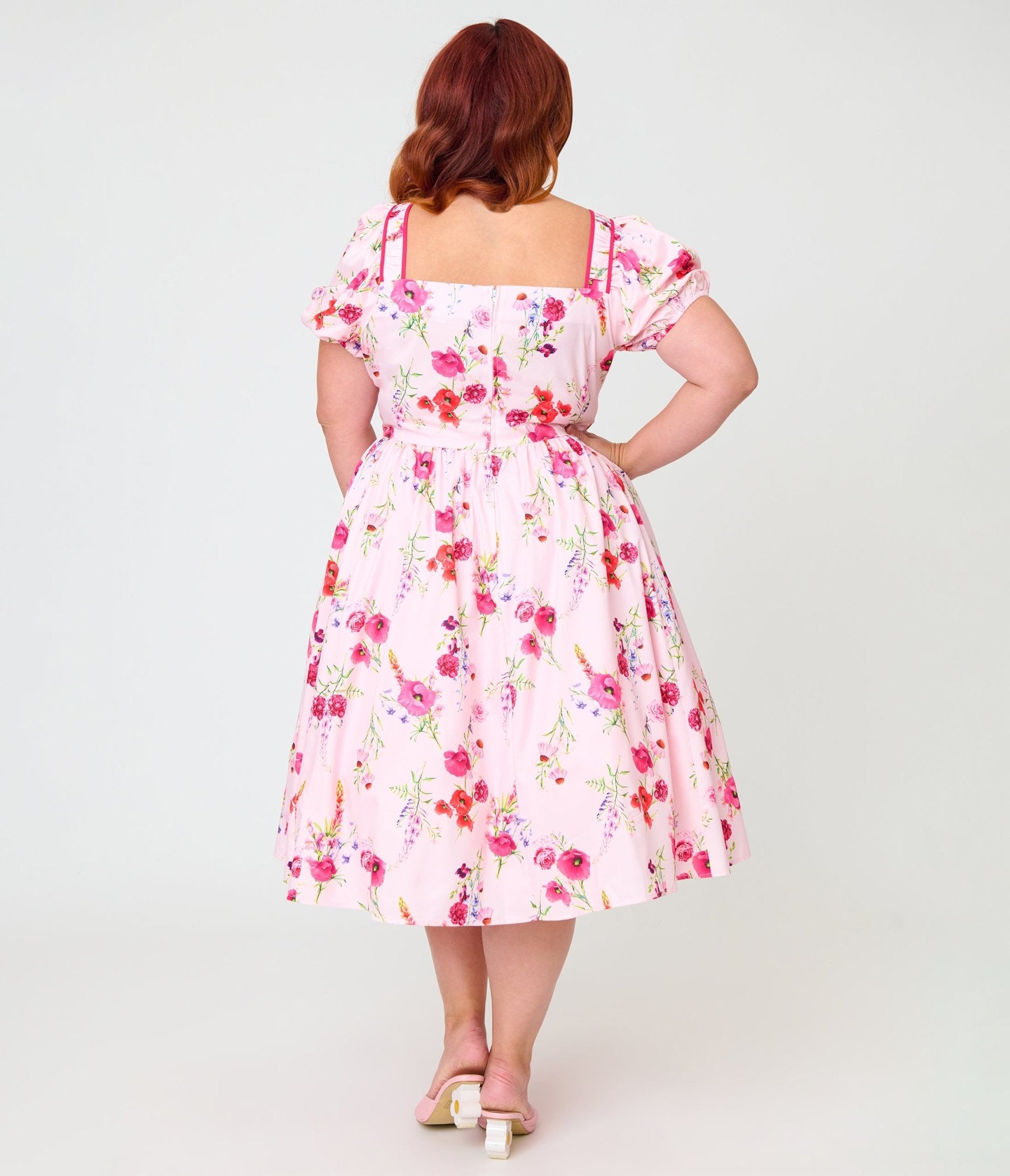Unique Vintage Plus Size Pink Floral Button Front Swing Dress - Unique Vintage - Womens, DRESSES, SWING